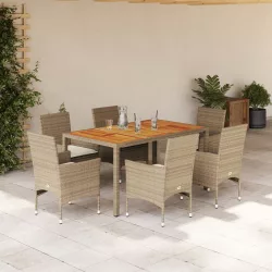   7 részes bézs polyrattan/akácfa kerti étkezőgarnitúra párnákkal