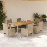 7 részes bézs polyrattan/akácfa kerti étkezőgarnitúra párnákkal