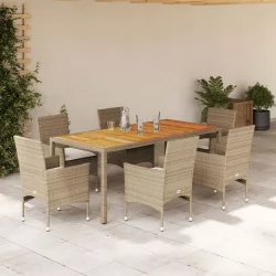   7 részes bézs polyrattan/akácfa kerti étkezőgarnitúra párnákkal