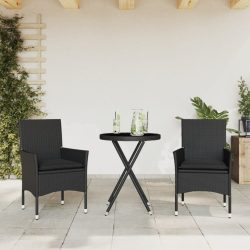   3 részes fekete polyrattan/üveg bisztrógarnitúra párnával