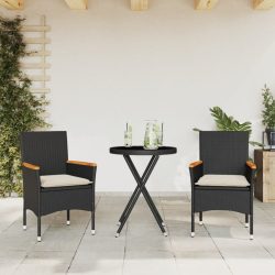   3 részes fekete polyrattan/üveg bisztrógarnitúra párnával