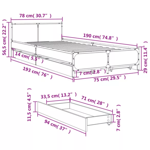 fekete szerelt fa ágykeret fiókokkal 75x190 cm