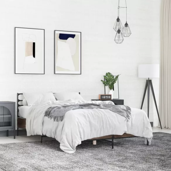 barna tölgyszínű szerelt fa és fém ágykeret 120 x 200 cm