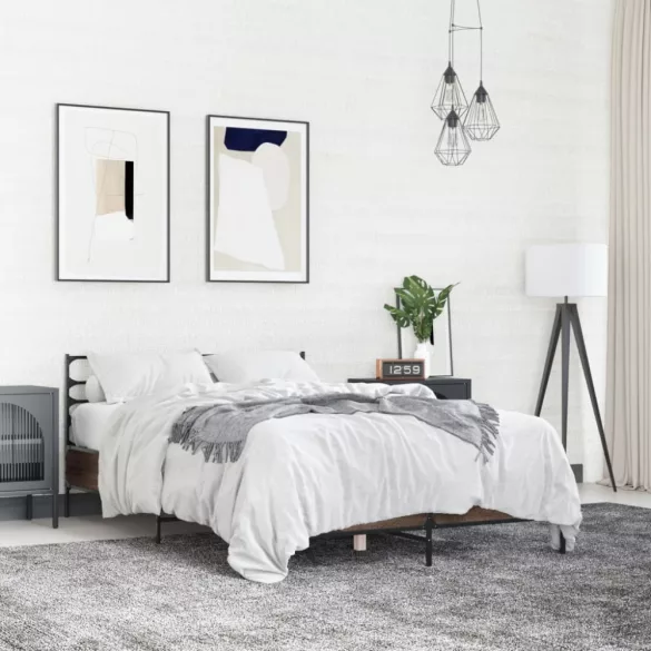 barna tölgyszínű szerelt fa és fém ágykeret 140 x 200 cm