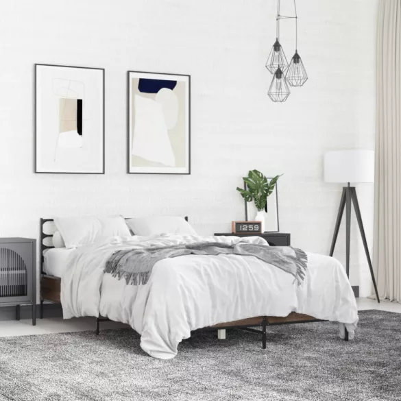 barna tölgyszínű szerelt fa és fém ágykeret 120 x 190 cm