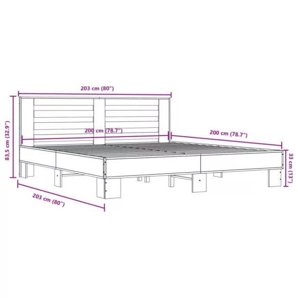 szürke sonoma szerelt fa és fém ágykeret 200 x 200 cm