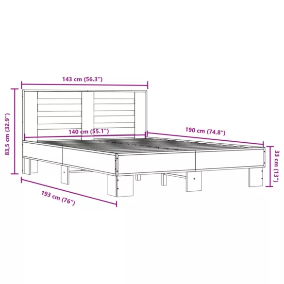 barna tölgyszínű szerelt fa és fém ágykeret 140x190 cm