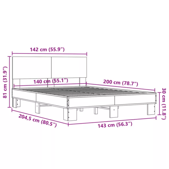 barna tölgyszínű szerelt fa és fém ágykeret 140 x 200 cm