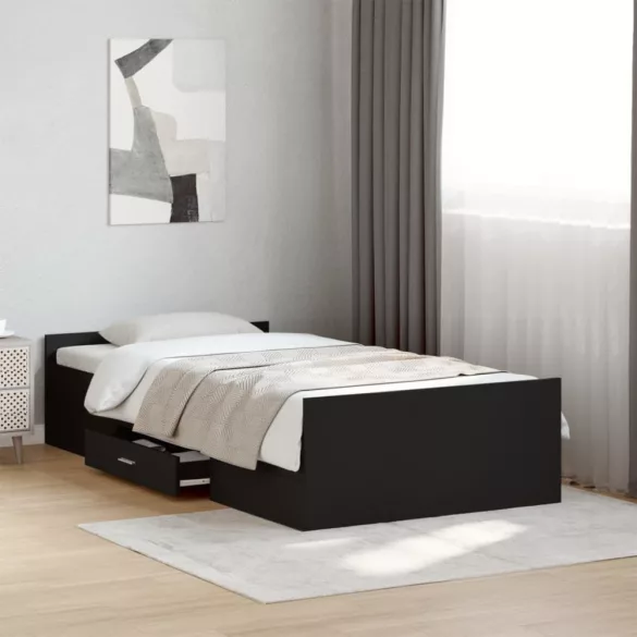 fekete szerelt fa ágykeret fiókokkal 75x190 cm