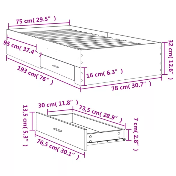 fekete szerelt fa ágykeret fiókokkal 75x190 cm