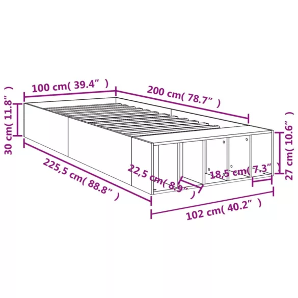betonszürke szerelt fa ágykeret 100 x 200 cm