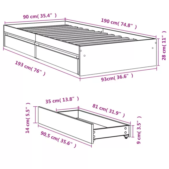 fehér szerelt fa ágykeret fiókokkal 90 x 190 cm