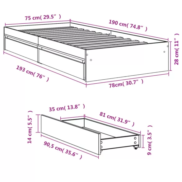 barna tölgyszínű szerelt fa ágykeret 75 x 190 cm