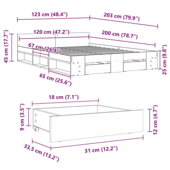 szürke sonoma színű szerelt fa ágykeret fiókokkal 120 x 200 cm