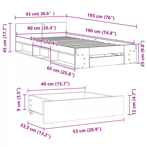 fekete szerelt fa ágykeret fiókkal 90 x 190 cm