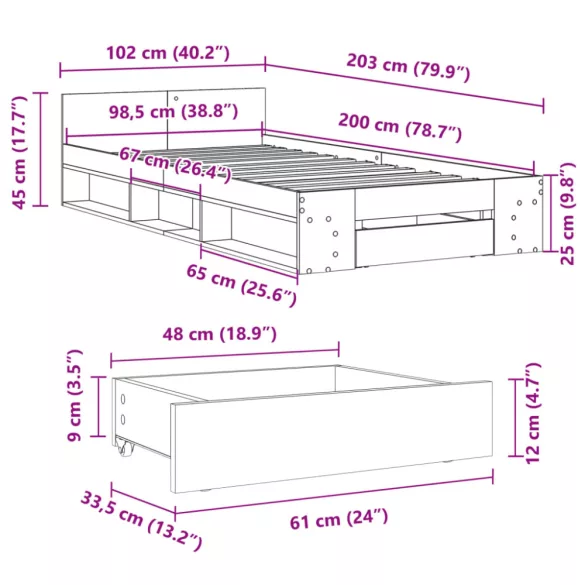 fekete szerelt fa ágykeret fiókkal 100 x 200 cm
