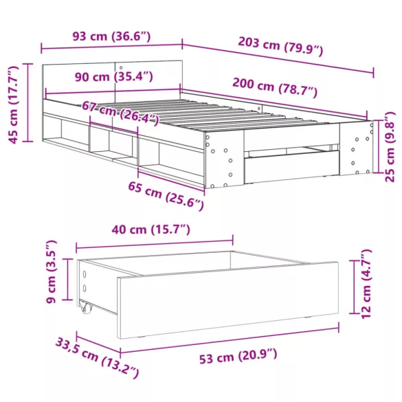 szürke sonoma színű szerelt fa ágykeret fiókkal 90 x 200 cm