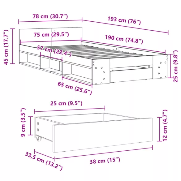 fekete szerelt fa ágykeret fiók 75x190 cm