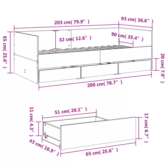 szürke sonoma kanapéágy fiókkal matrac nélkül 90x200 cm