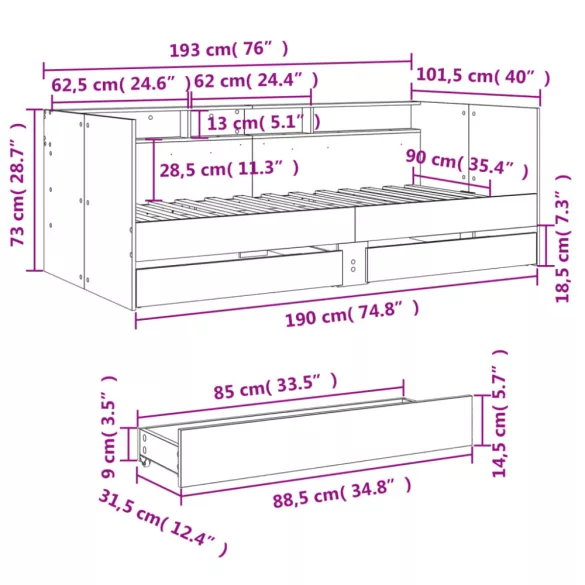 betonszürke kanapéágy fiókkal matrac nélkül 90x190 cm
