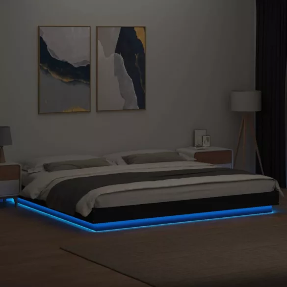 fekete szerelt fa ágykeret LED-világítással 200 x 200 cm