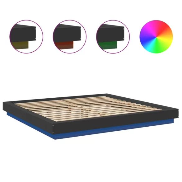 fekete szerelt fa ágykeret LED-világítással 200 x 200 cm