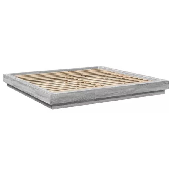 szürke sonoma színű szerelt fa ágykeret LED-del 200x200 cm