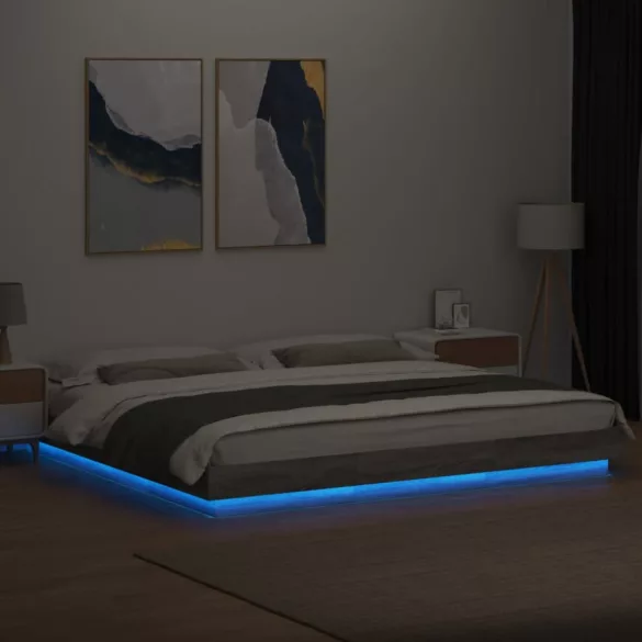 szürke sonoma színű szerelt fa ágykeret LED-del 200x200 cm