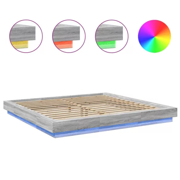 szürke sonoma színű szerelt fa ágykeret LED-del 200x200 cm