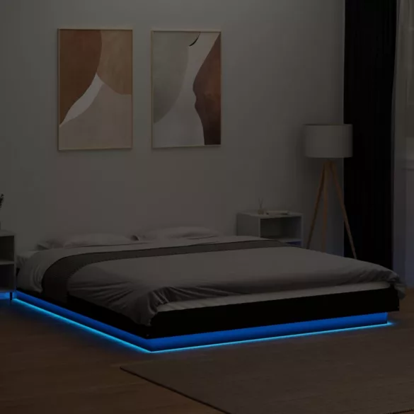 fekete szerelt fa ágykeret LED-világítással 150 x 200 cm