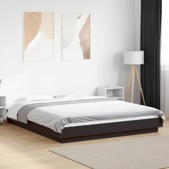 fekete szerelt fa ágykeret LED-világítással 150 x 200 cm
