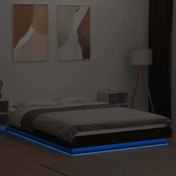 fekete szerelt fa ágykeret LED-világítással 120 x 200 cm