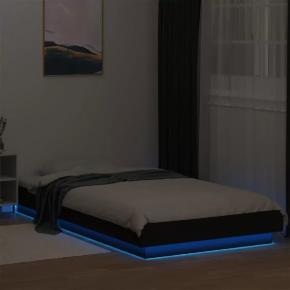 fekete szerelt fa ágykeret LED-világítással 90 x 200 cm