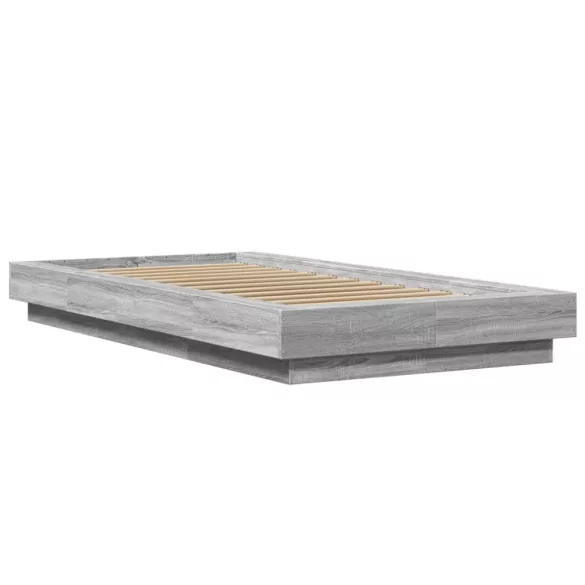 szürke sonoma színű szerelt fa ágykeret LED-del 90 x 200 cm