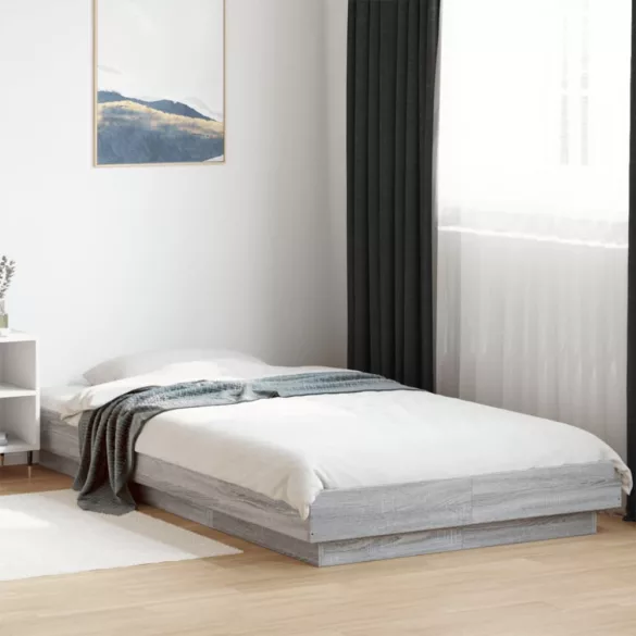 szürke sonoma színű szerelt fa ágykeret LED-del 90 x 200 cm