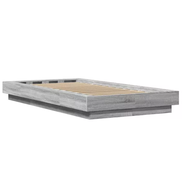 szürke sonoma színű szerelt fa ágykeret LED-del 90 x 200 cm