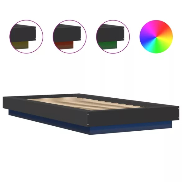 fekete szerelt fa ágykeret LED-világítással 90 x 190 cm