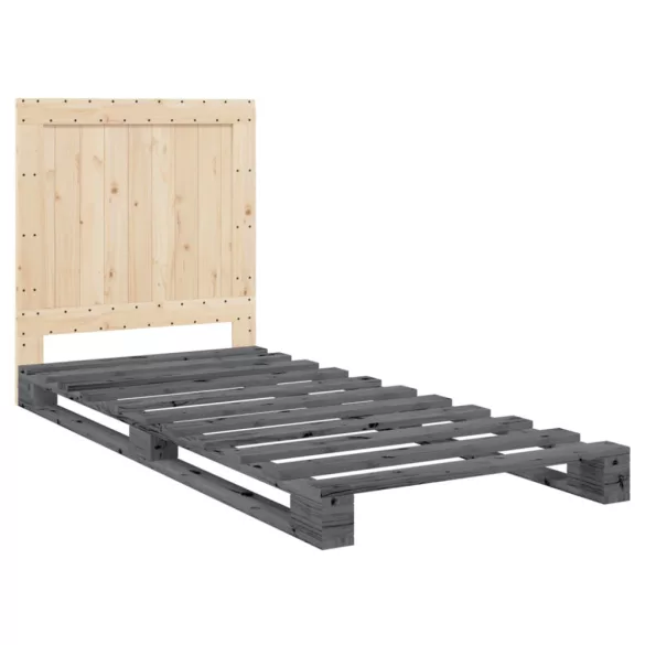szürke tömör fenyőfa ágykeret fejtámlával 90 x 200 cm