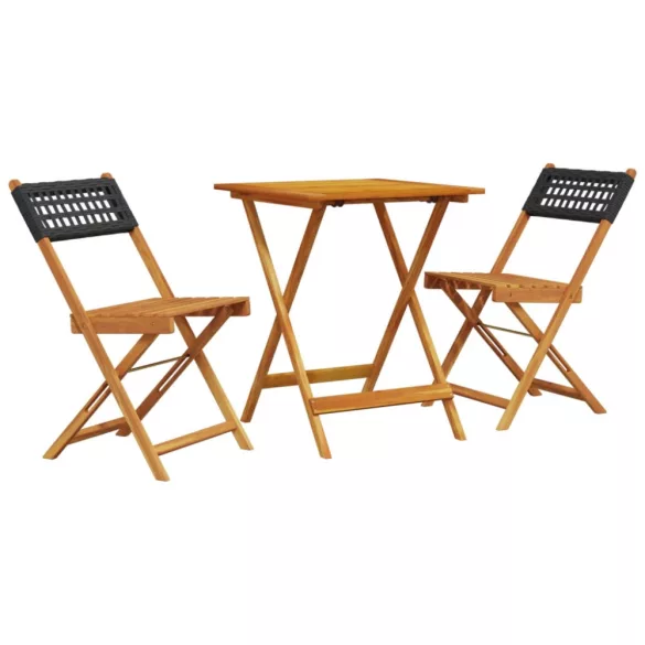 3 részes fekete polyrattan és tömör fa bisztrószett