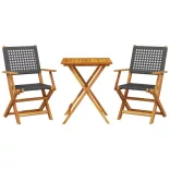 3 részes fekete polyrattan és tömör fa bisztrószett