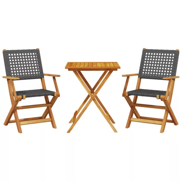 3 részes fekete polyrattan és tömör fa bisztrószett