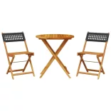 3 részes fekete polyrattan és tömör fa bisztrószett