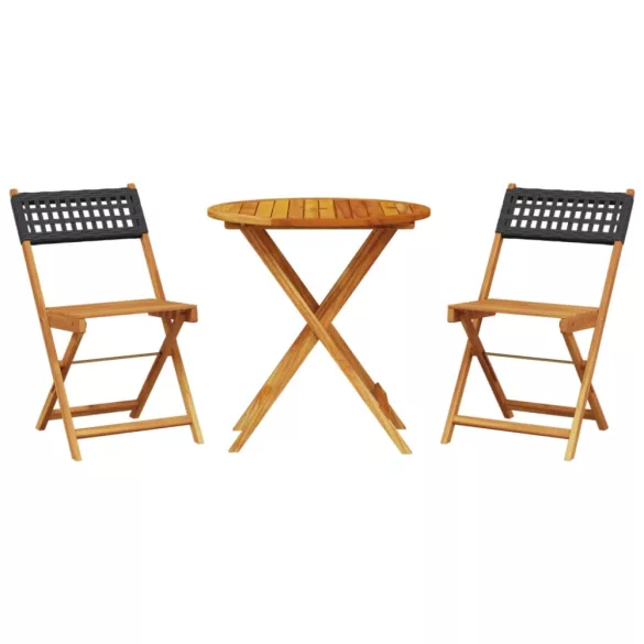 3 részes fekete polyrattan és tömör fa bisztrószett