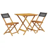 3 részes fekete polyrattan és tömör fa bisztrószett