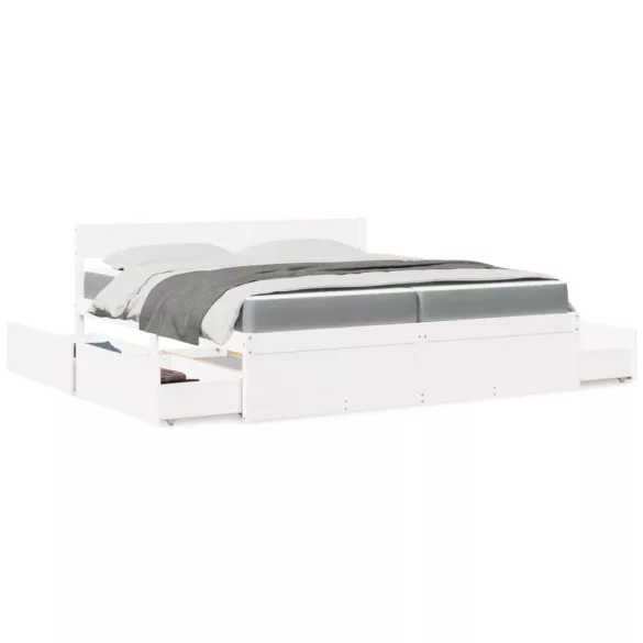 fehér tömör fenyőfa ágy fiókokkal és matraccal 200 x 200 cm