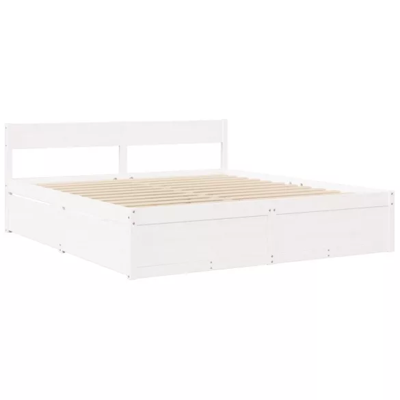 fehér tömör fenyőfa ágy fiókokkal és matraccal 200 x 200 cm