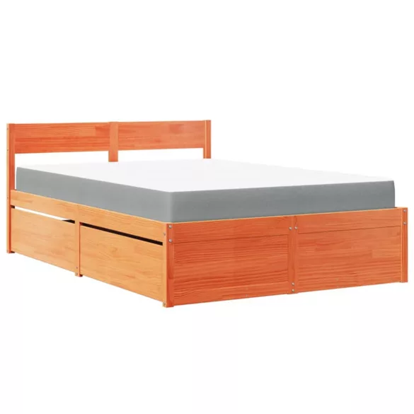 viaszbarna tömör fenyőfa ágy fiókokkal és matraccal 120x200 cm