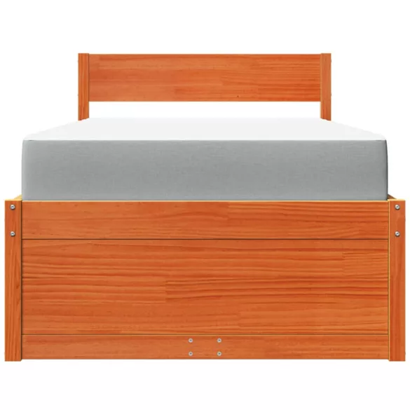 viaszbarna tömör fenyőfa ágy fiókokkal és matraccal 90 x 190 cm