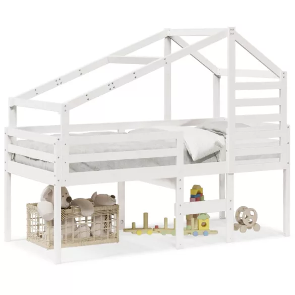 fehér tömör fenyőfa magasított ágy tetővel 90 x 200 cm