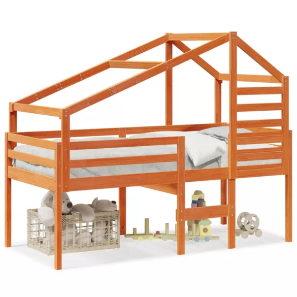 viaszbarna tömör fenyőfa magasított ágy tetővel 90 x 200 cm